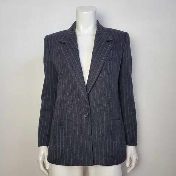Vintage 80s Sasson Gray Pinstripe Wool Blazer - Picture 1 of 11